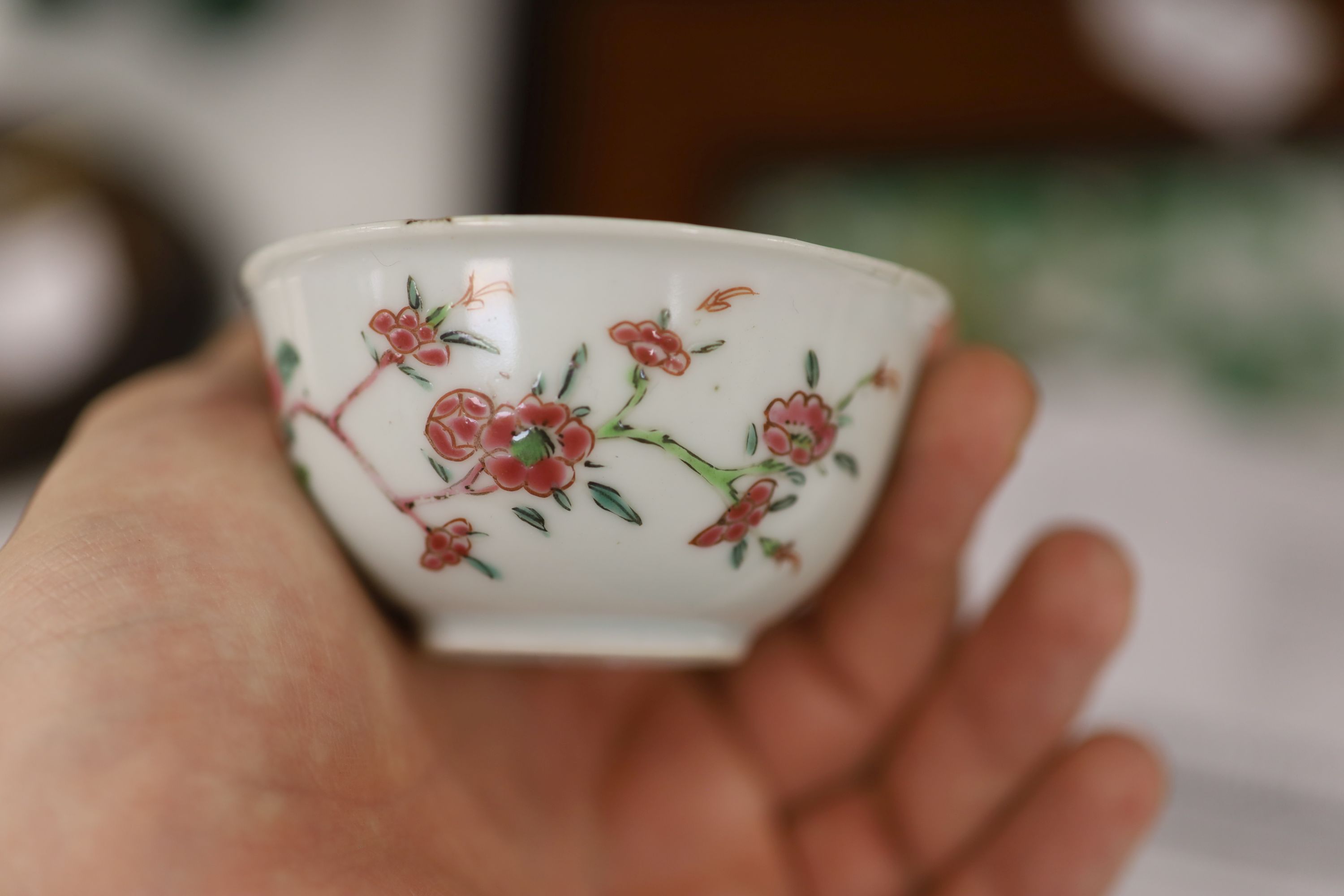 Three 18th century Chinese famille rose or Imari tea bowls together with five saucers